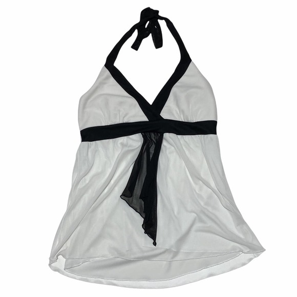 STUDIO Y White & Black Sleeveless Surplice V-Neck Tie Waist Halter Top - Picture 5 of 10